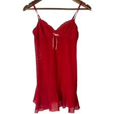 Victorias Secret Red Sheer Babydoll Slip Dress Sz M Ruffle Hem Romantic Lingerie