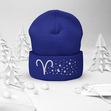 Aries Ram in the Stars Knit Beanie - Cozy Knit Hat  White Thread  Royal Blue