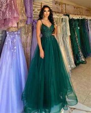Dark Green Prom Pageant Dresses V-neck Straps Sequin Applique Evening Party Gown