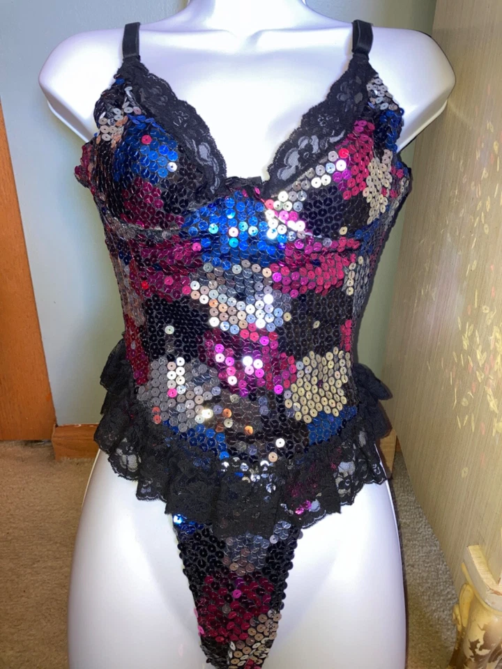 Conjunto de 2 peças de espartilho de lantejoulas Shirley of Hollywood 38 kg vintage RARO sexy preto rosa prata - Imagem 2 de 4