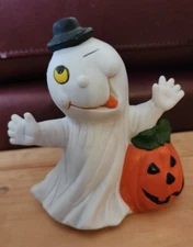 Halloween Figurine Goofy Ghost with Pumpkin Ceramic Artmark 5 Inches Vintage