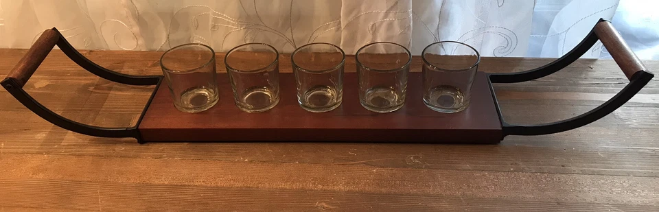 5 Glass Votive Candle Wood Tray with Metal/Wood Handles - Image 2 of 4