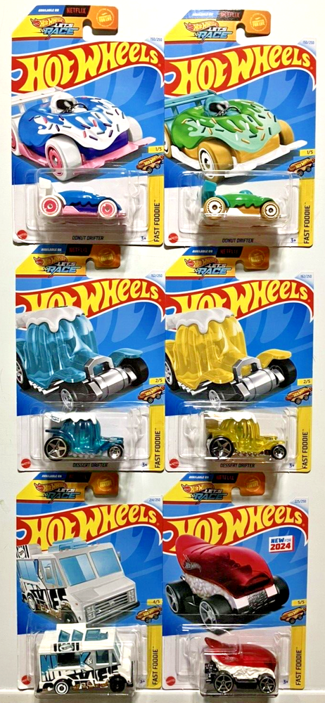 Hot Wheels~ 2024 ~ FAST FOODIE ~Let's Race On Netflix ~2 VARIANTS~ Lot Of 6~ New