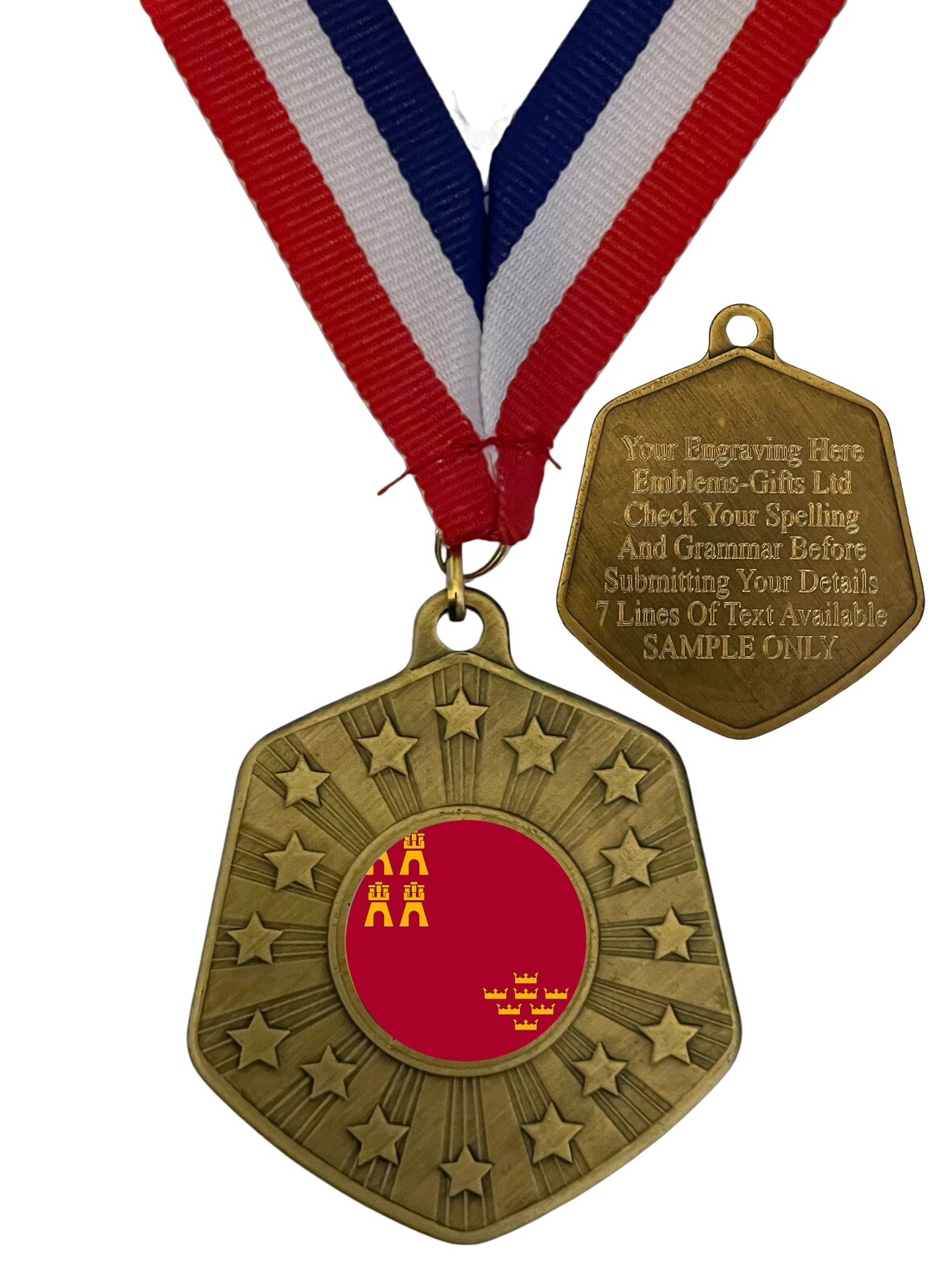 Bandera Región Murcia de España 66mm Abril Oro Medalla y Cinta Grabada Gratis