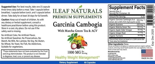 iLeafNaturals Garcinia Cambogia con té verde matcha-1000 mg-60 cápsulas vegetales - Imagen 7 de 7