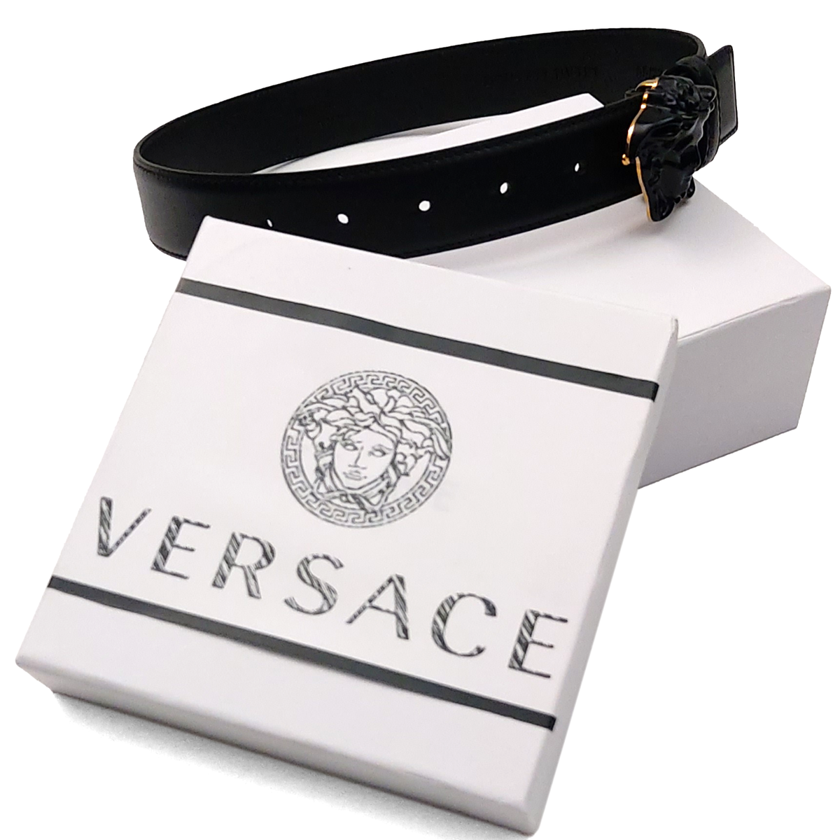 Versace Black Leather La Medusa Head Decorated Buckle Belt Versace Black Leather La Medusa Head Decorated Buckle Belt