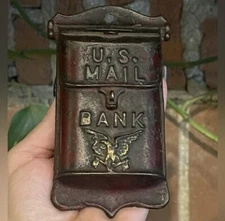 AC Williams c1921-1934 HANGING US MAIL Antique Cast Iron Bank ! RED Paint !