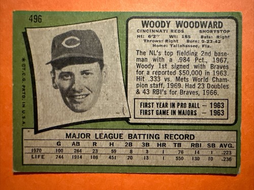 1971 Topps 496 Woody Woodward Cincinnati Reds Baseballkarte - Bild 2 von 2
