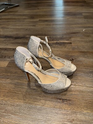 Gianni Bini Silver Satin Rhinestone Studded Platform Stiletto Heels Size  7/5