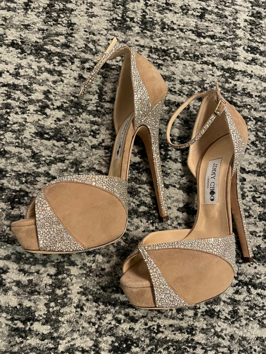 JIMMY CHOO ベージュ スエード スタッツ　ハイヒール 36.5 Jimmy Choo Beige Pearl Swarovski Crystal Platform Suede