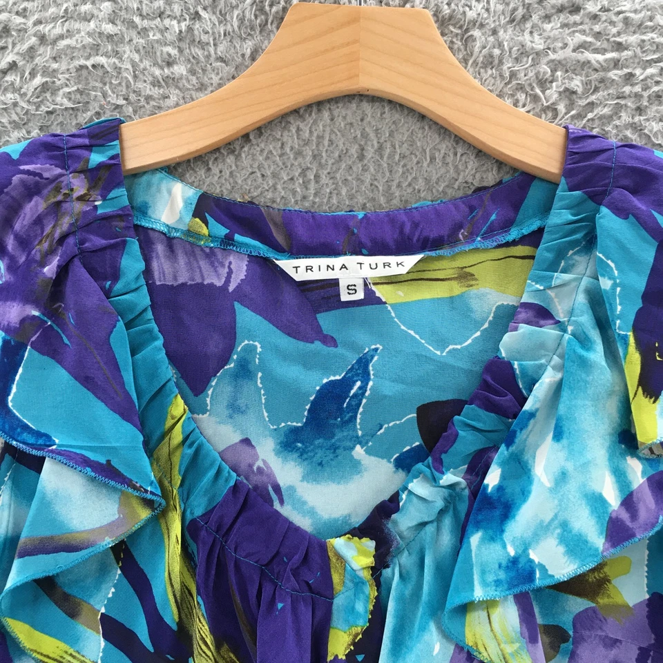 Blusa Top Trina Turk Floral con Volantes Mujer Pequeña Azul Seda Sin Mangas Informal Foto 4 de 4