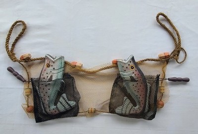 Vintage Hand Carved & Painted Rainbow Trout In Nets With Bobbers, Wall Decor