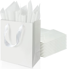 9 Inches White Gift Bags with Ribbon Handles Kraft Paper Shopping Bags with Tiss