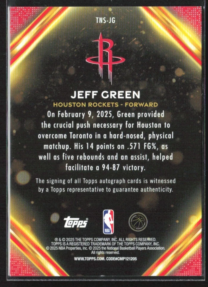 Jeff Green 2025-26 Topps Notch Signatures lámina negra automática/10 #TNS-JG Houston Foto 2 de 3