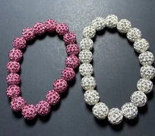 Two 10mm Crystal Pave Disco Ball Shamballa Beads Stretch Bracelets for Women