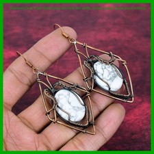 Copper Oval Howlite Stone Hook Dangling Art Deco Wire Wrapped Earrings Jewelry