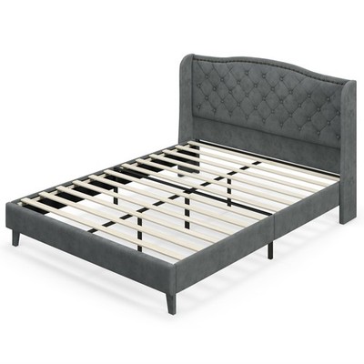 Queen Upholstered Platform Bed Frame W/ Button Tufted Headboard Noise-free