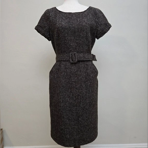Vestido Banana Republic Marrón Oscuro Tweed Cinturón 12 | Ropa de Trabajo Forrada con Bolsillos Foto 2 de 4
