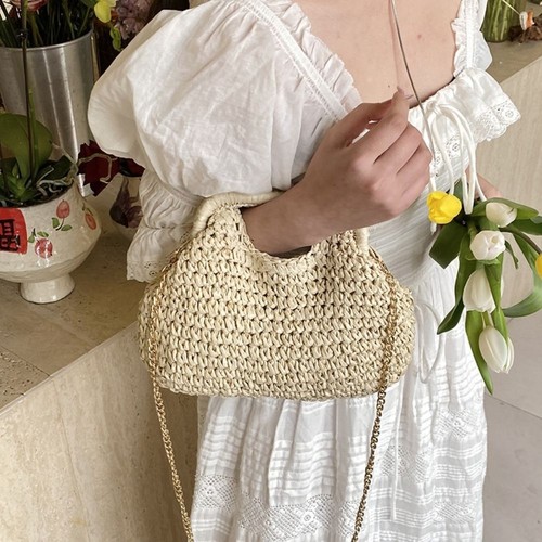 Boho Weave Chain Straw Bag Summer Bucket Handbag Straw Shoulder Bag for Women - Picture 8 of 14