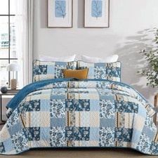 King Size Quilt Set 3 Piece Blue Patchwork Plaid Bedspread Coverlet Microfiber