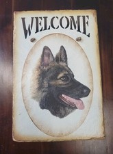 Beautiful German Shepherd Dog Painted Welcome Sign on Slate Tile Wall Hanging