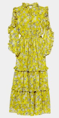 $695 ALEXIS Auja Floral Print Crepe Midi Dress Ruffle Sleeve Tiered Yellow S/M
