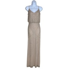 Adrianna Papell Sz 12 Beige Nude Sequin Beaded Art Deco Blouson Maxi Dress Gown