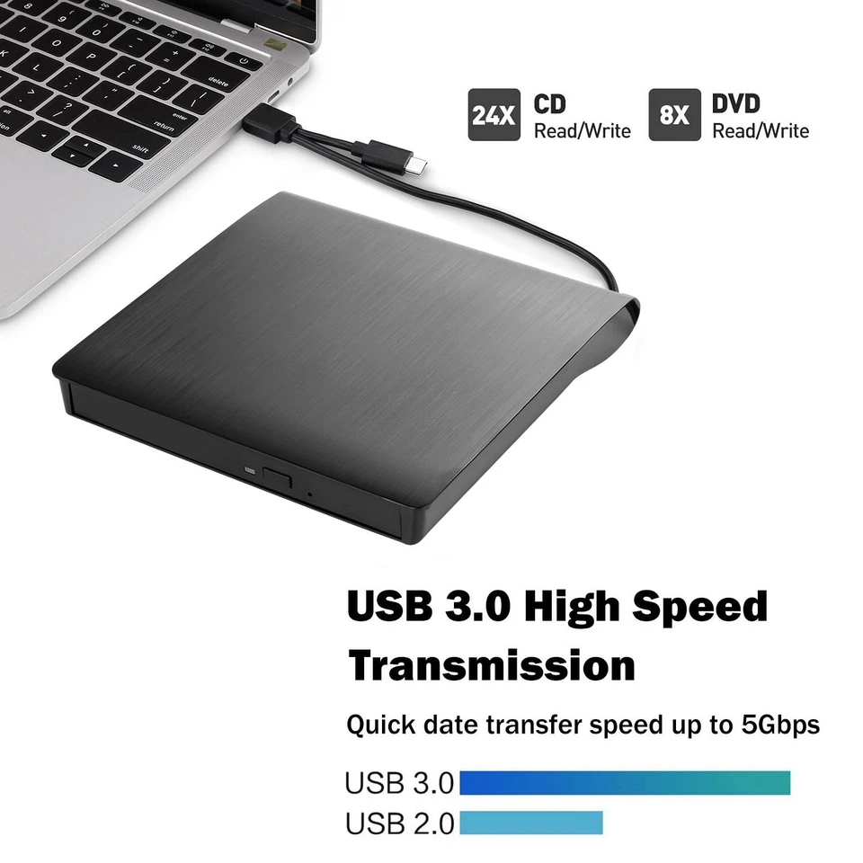 External CD DVD Drive Reader Writer CD Burner USB 3.0 Type-C forPC Windows 11 10 - Image 4 of 4