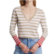 Veronica Beard Florrie Striped V Neck Sweater Linen Cuff Detail Tan White XS
