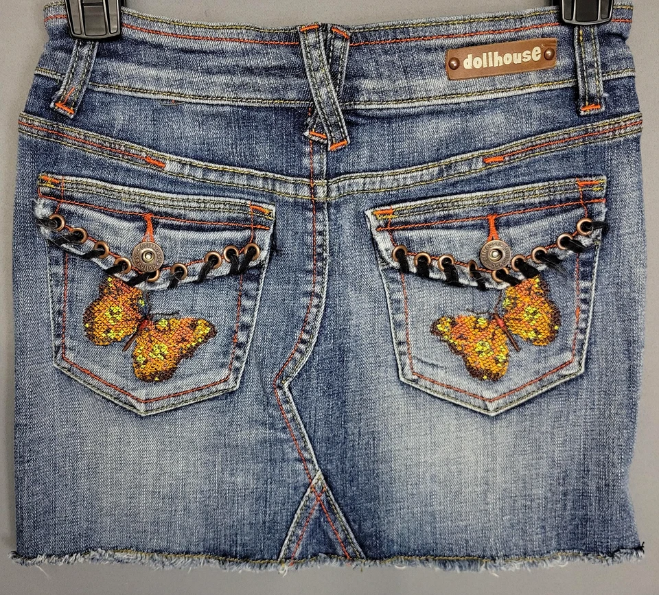 Falda Casa de Muñecas Niñas 10 Denim Mini Lentejuelas Mariposa Bolsillos con Cordones Envejecida Foto 2 de 4