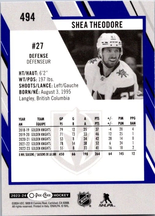 2023-24 O-PEE-CHEE Blue 494 Shea Theodore Vegas Golden Knights - Image 2 of 2