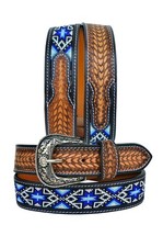 Affilare Western Genuine Leather Beaded Belt Tooled Basket Weave Beaded Belt for
