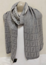 Authentic FF Fendi Scarf 100 Wool Light Gray Muffler Wrap Stole