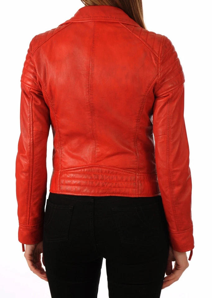 Mujer Rojo Ajustado Piel de Cordero Chaqueta Biker Moto Cuero - Imagen 2 de 4