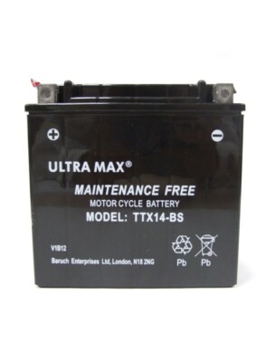 ULTRAMAX TTX14-BS Motorrad Batterie 12V 12Ah - Wartungsfrei, Ersetzt YUASA YTX14-BS