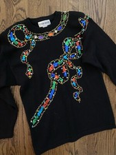 Vtg 1980s Jeweled Ribbon Bow Black Ugly Christmas Sweater Holy Grail L XL