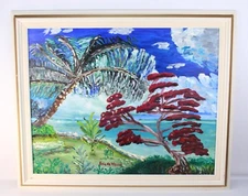 Blue & Red Lakeside Landscape Vintage Oil Painting Signed Eric de Vienne