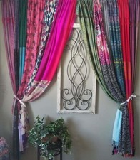 2 Pcs Indian Sari Patchwork Curtain Drape Window Decor Multi Silk Sari Curtain