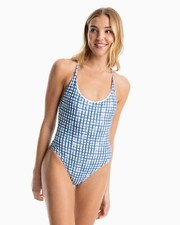 Southern Tide Painted Gingham One Piece Swimsuit Seven Seas Blue - Large