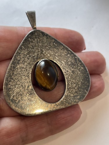 Vintage Israel Sterling Silver 925 Tiger Eye large Pendant - Picture 13 of 13