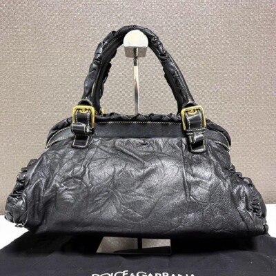 Dolce & Gabbana D&G Leather Purse Tote Hand Bag Women Gold Black