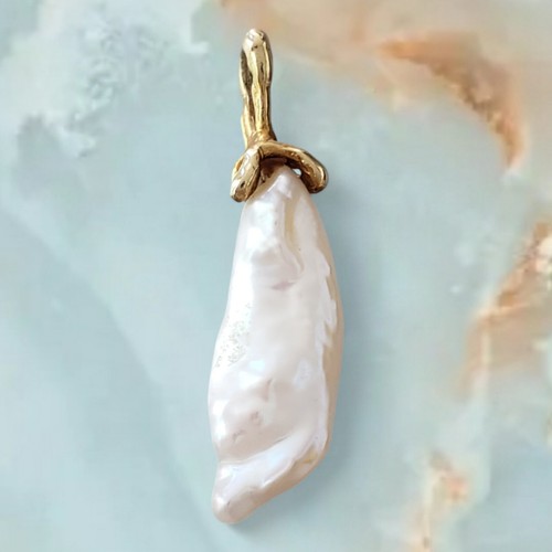 Vintage 14k Yellow Gold BIWA Pearl Pendant Signed SF & Gold Plated 22" Chain - Picture 2 of 7