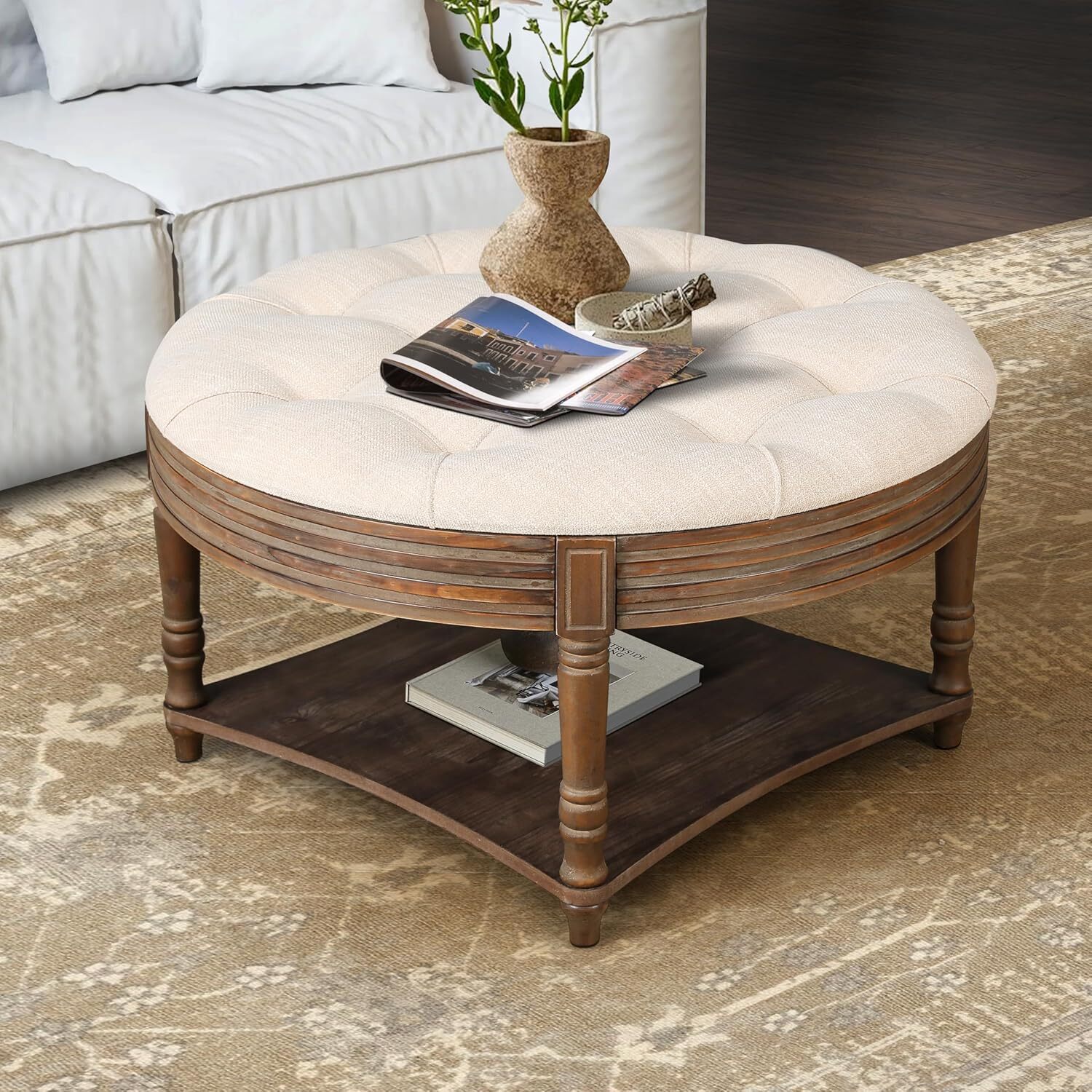 Ottoman Coffee Table, 2-Tier Waterproof Button Tufted Ottoman w/Hidden Storage