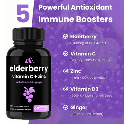 60 Capsules Elderberry Vitamin C and Zinc D3 5000 IU and Ginger Five in One