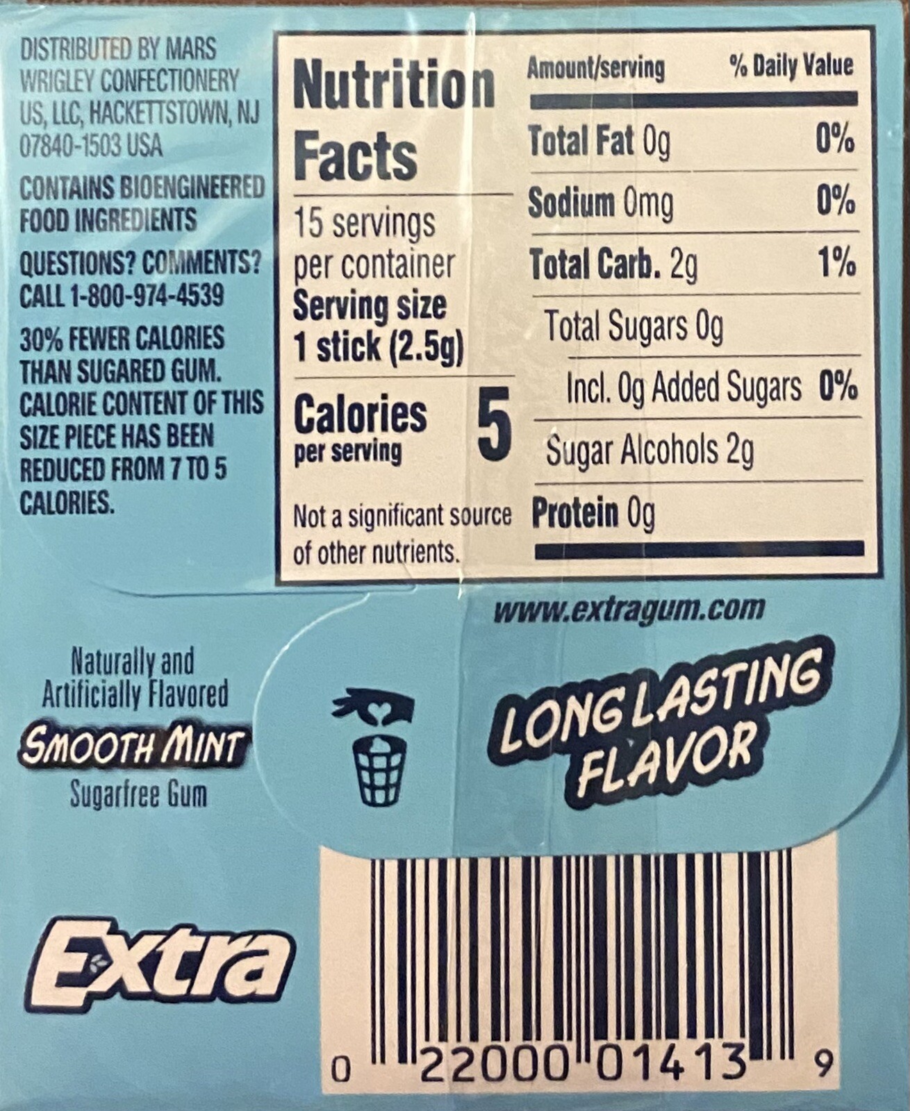 Wrigley's EXTRA SMOOTH MINT Sugar Free Gum 1 PACK 15 Sticks Pack