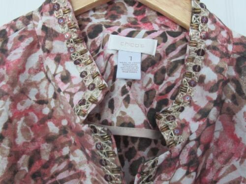 Chico's Jacket Blazer Sz1 M Animal Print Embroidered Pink Brown Linen/Nylon - Picture 3 of 18