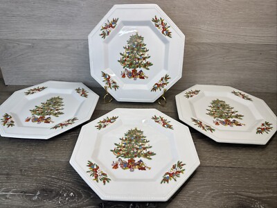 Fairfield Christmas Tree Octagon PEACE ON EARTH 10 1/8'' Dinner Plates - Set of 4