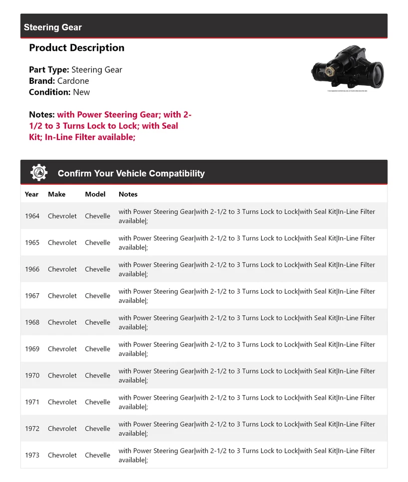 Engrenagem de direção Cardone 1965 1966 1967 1968 1969 Chevrolet Chevelle 1964-1973 - Imagem 2 de 4