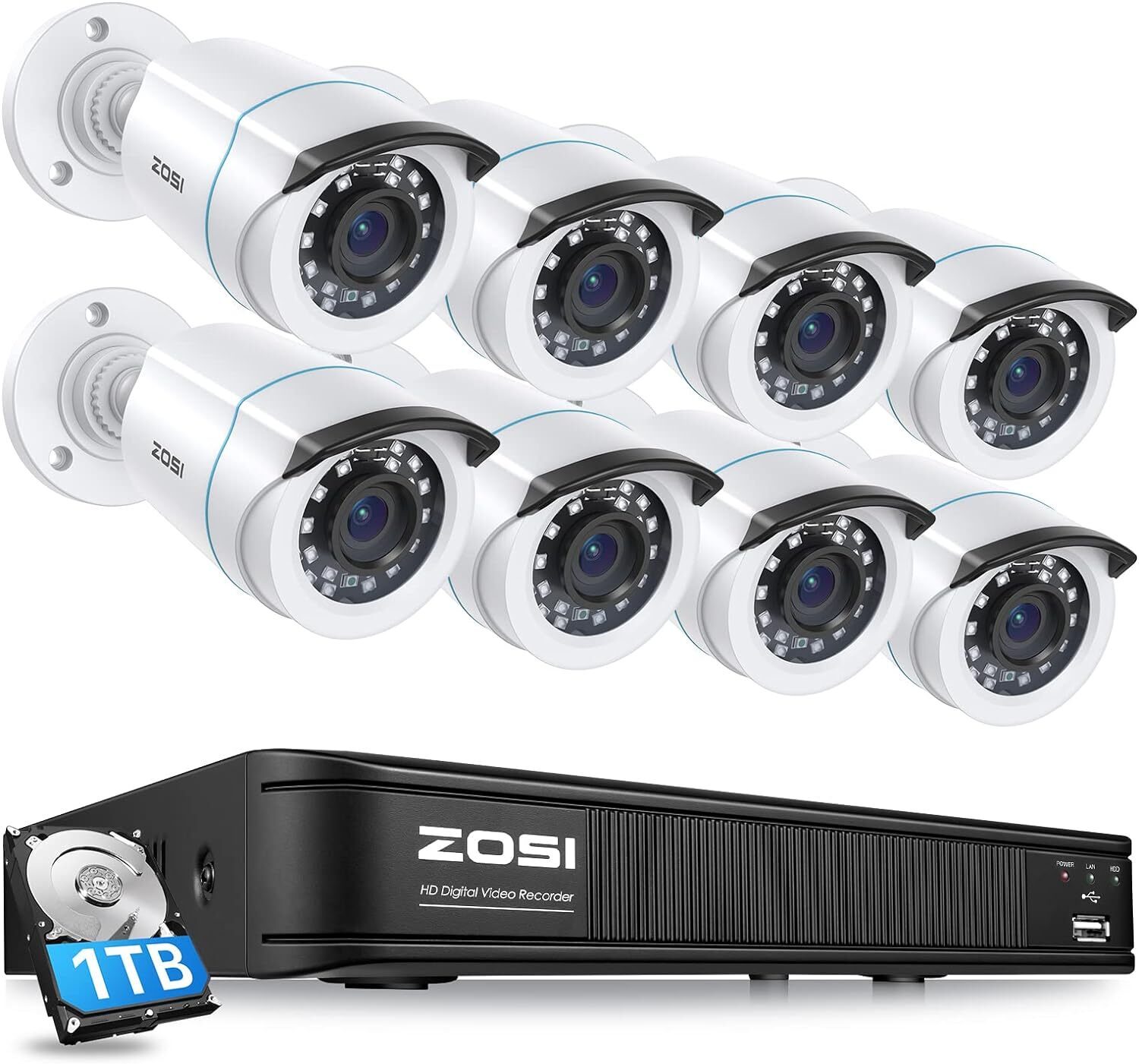 ZOSI H.265+ Home Security Camera System with AI 8CH-8Cam-1TB, Wired-8 Cam