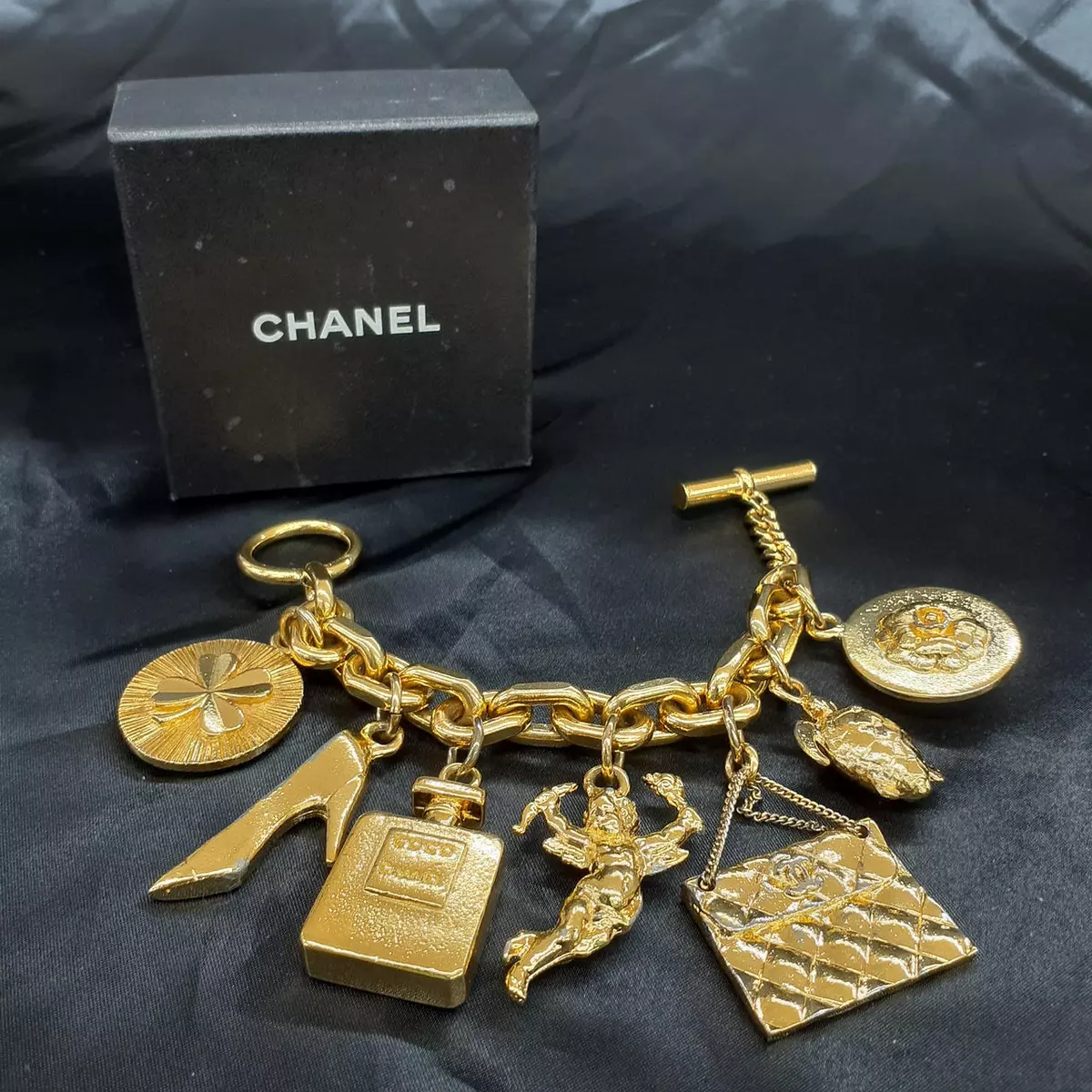 Vintage 1980s Iconic CHANEL 7 Lucky Charms Chunky Bracelet Gold Boxed Rare F/S